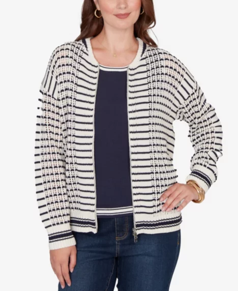 Petite Mesh Stitch Zip Sweater Jacket - Ivory