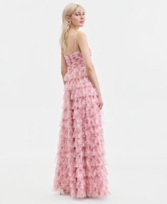 Juniors' Sweetheart-Neck Ruffle-Skirt Mesh Gown