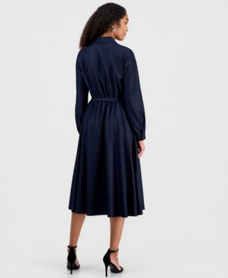 Women's Belted Button Long-Sleeve Fit & Flare Dress
