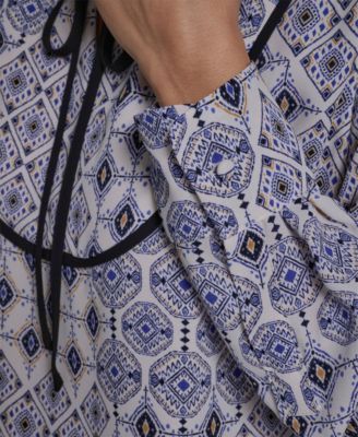 Women's Tie-Collar Long-Sleeve Printed Top