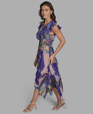 Women's Handkerchief Hem Ruffle V-Neck Midi Dress