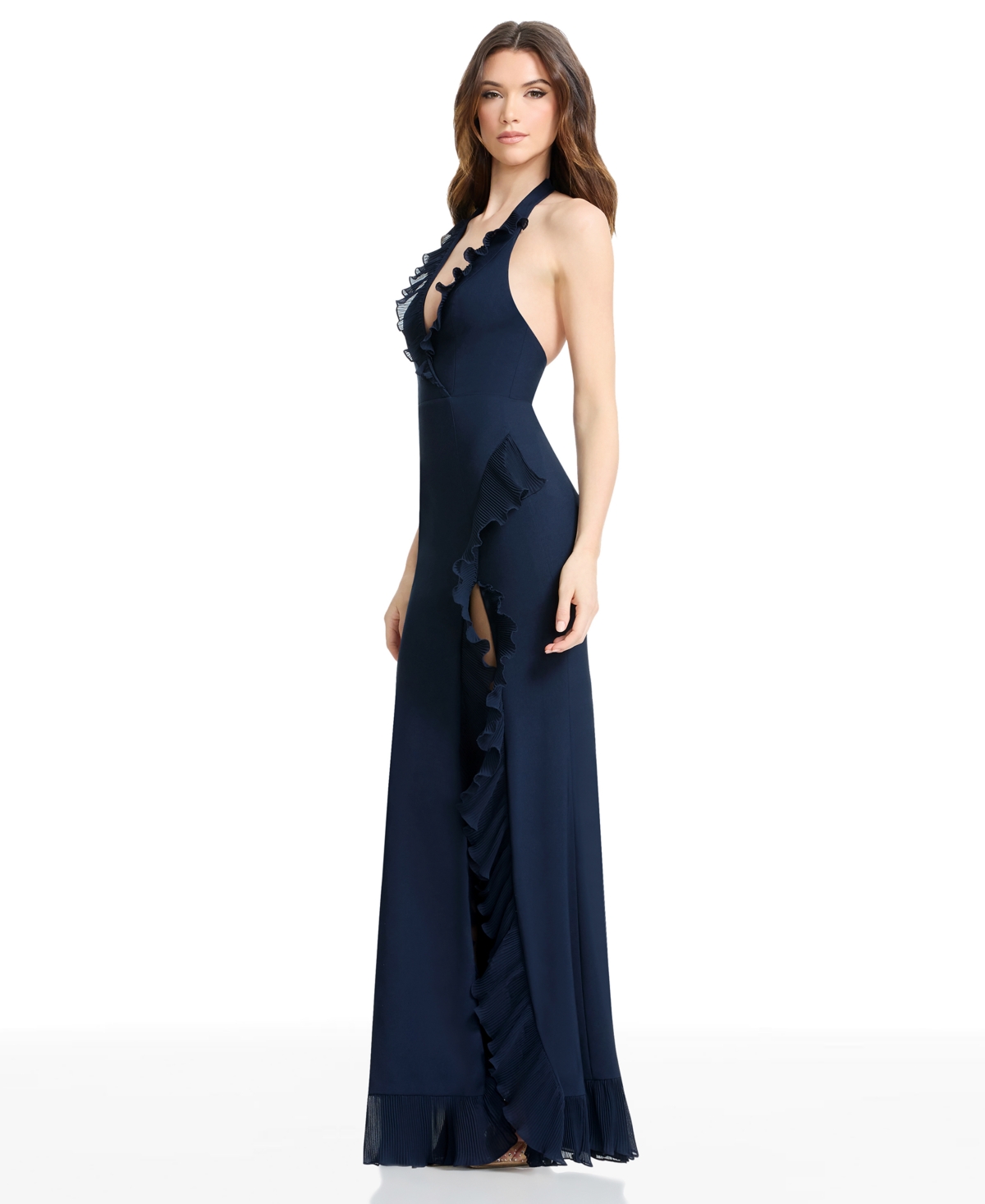 Dress The Population Kathleen Ruffle Halter Gown With Train In Blue