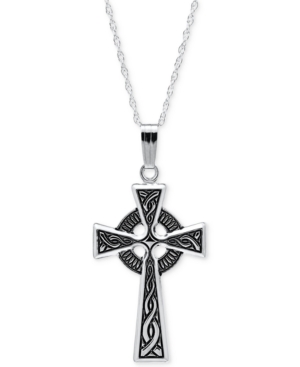 image of Embossed Celtic Cross Pendant Necklace with Antique Finish in Sterling Silver