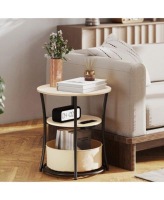 Side Table with Charging Station, 3-Tier Round End Table, Natural
