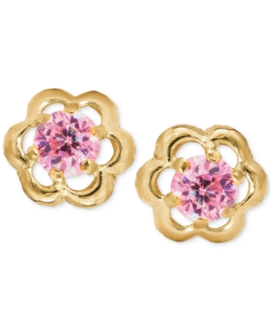 image of Children-s Pink Cubic Zirconia Flower Screwback Stud Earrings in 14k Gold