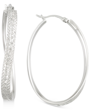 image of Textured Wavy Oval Hoop Earrings in 14k White Gold Over Sterling Silver
