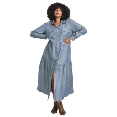 Women's Plus Size Denim Tiered Shirtdress