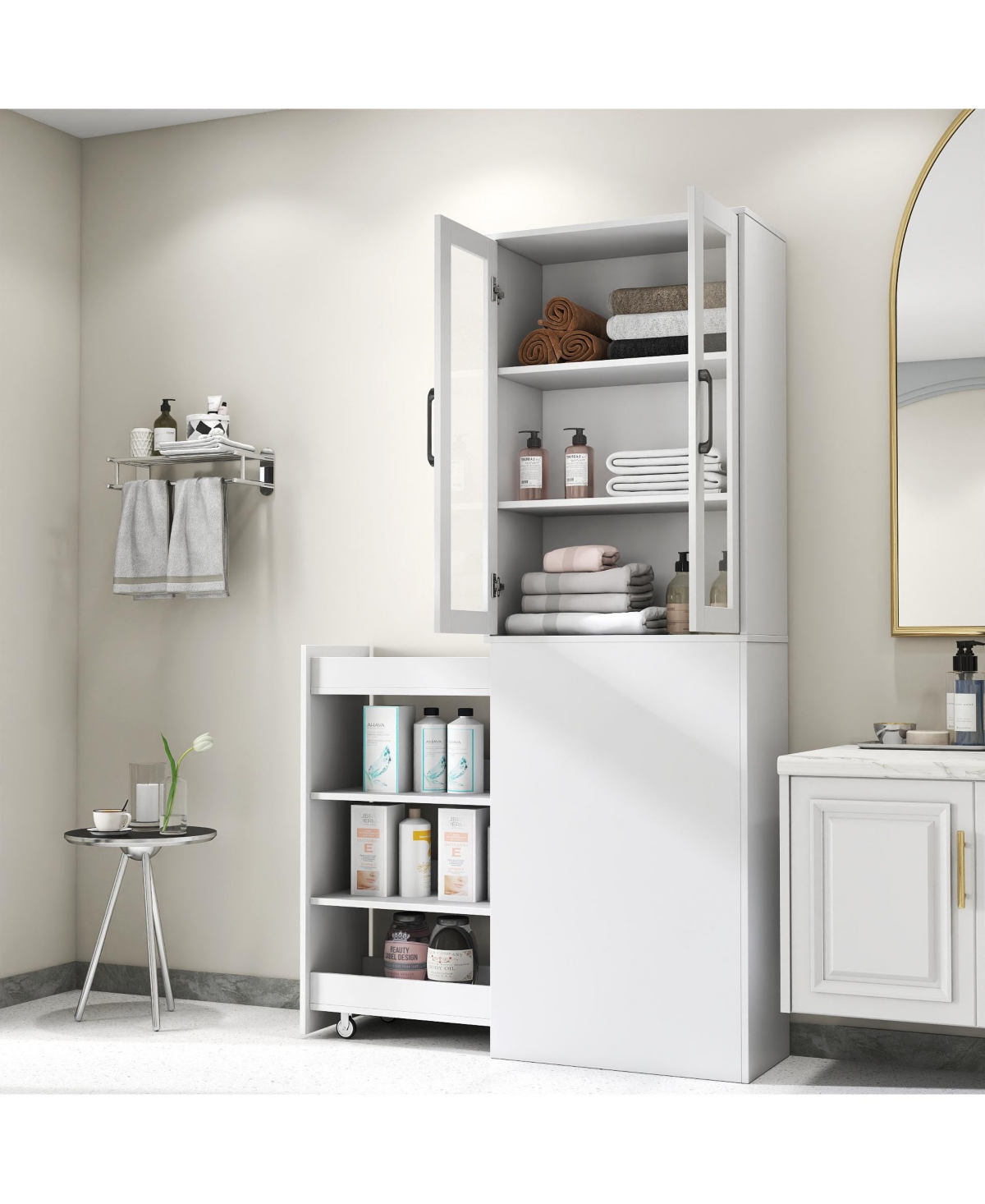 "Casainc 70.87" Display Cabinet with 4 Pull-Out Shelves & Glass Doors – Modern Multi-Tier Pantry Storage for Home