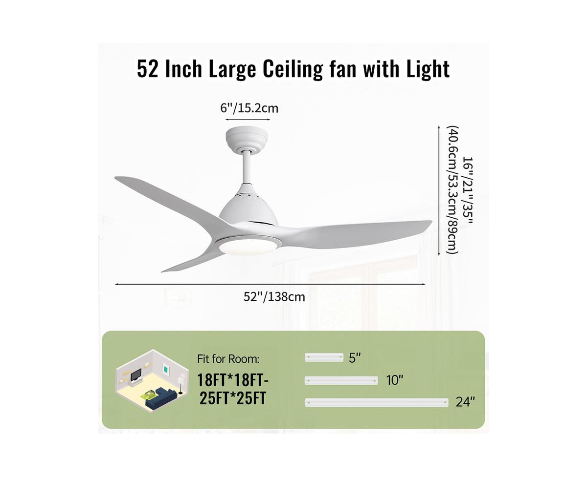 Sofucor 52-inch Modern White 3-Blade Ceiling Fan with Six Speed Remote Control and Timing Function for Indoor