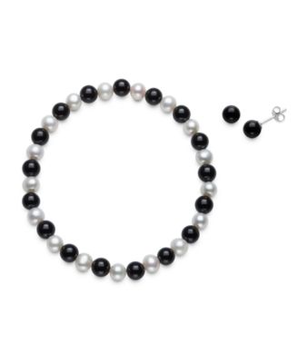 Macy's - Cultured Freshwater Pearl (6-7mm) and 6mm Onyx Stretch Bracelet and Stud Set in Sterling Silver
