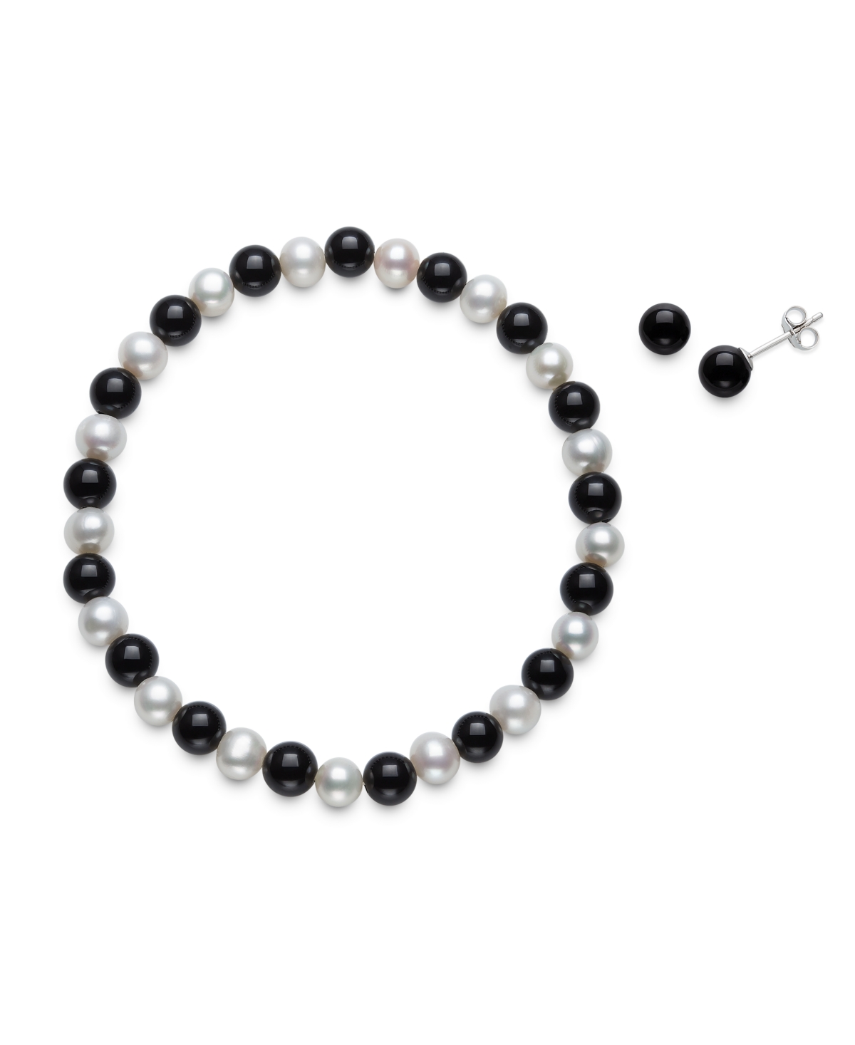 Macy's Cultured Freshwater Pearl (6-7mm) And 6mm Onyx Stretch Bracelet And Stud Set In Sterling Silver In Black