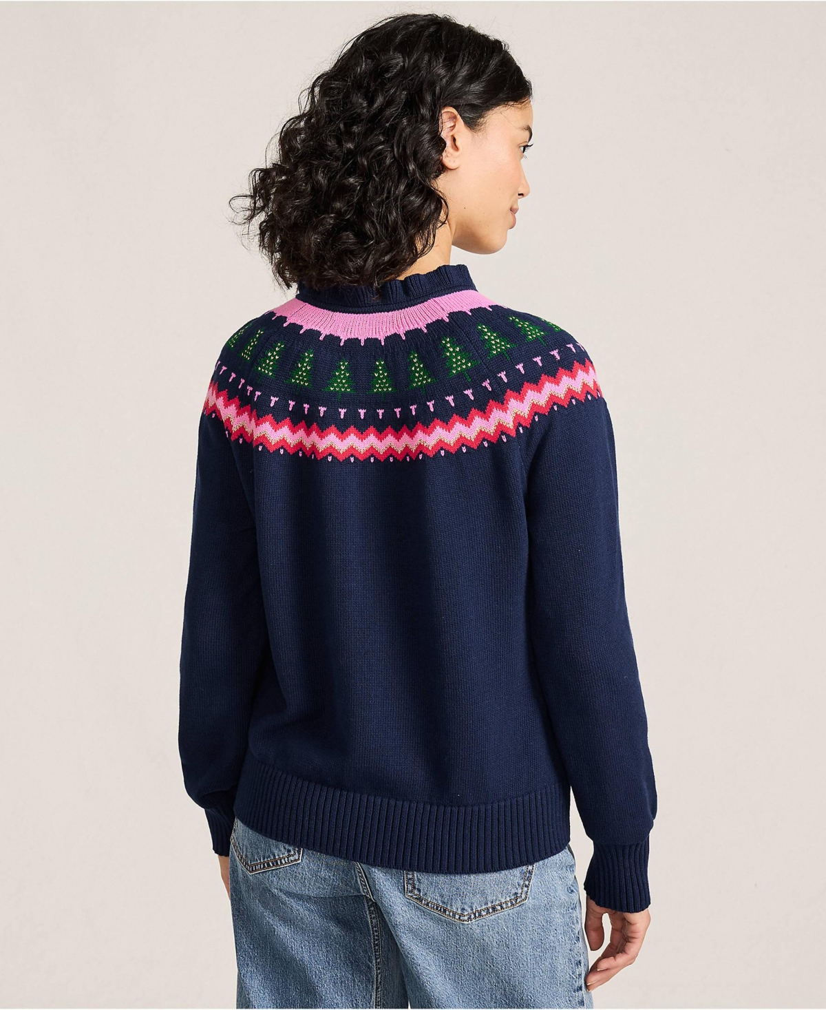 Lands' End Women's Drifter Lurex Ruffle Neck Jacquard Cardigan Sweater