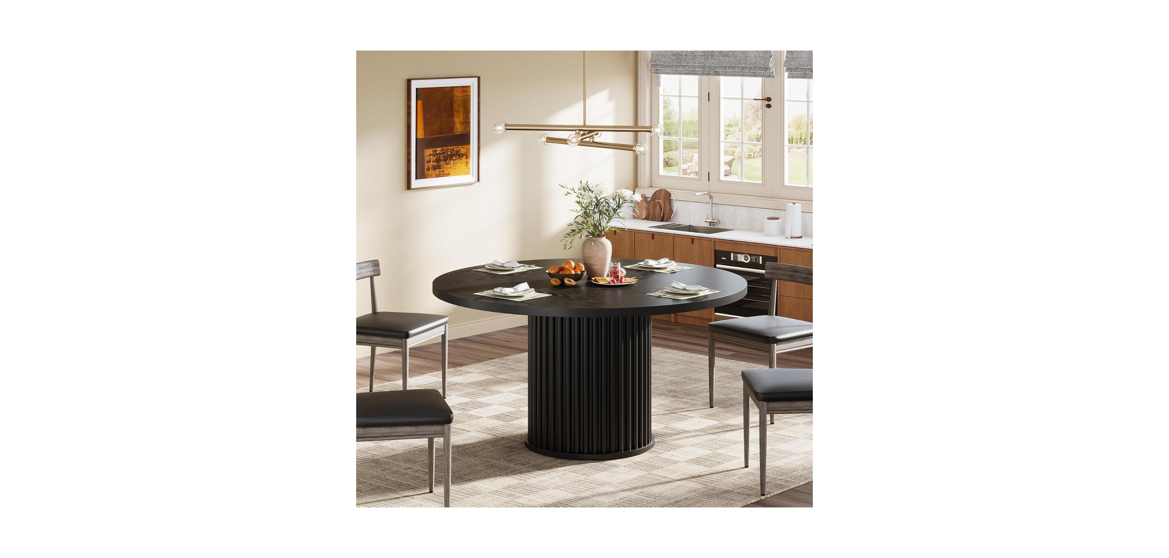 Tribesigns Black Round Dining Table for 4-6 People, Modern Fluted Mdf + Metal Base Kitchen Table (Only Table)