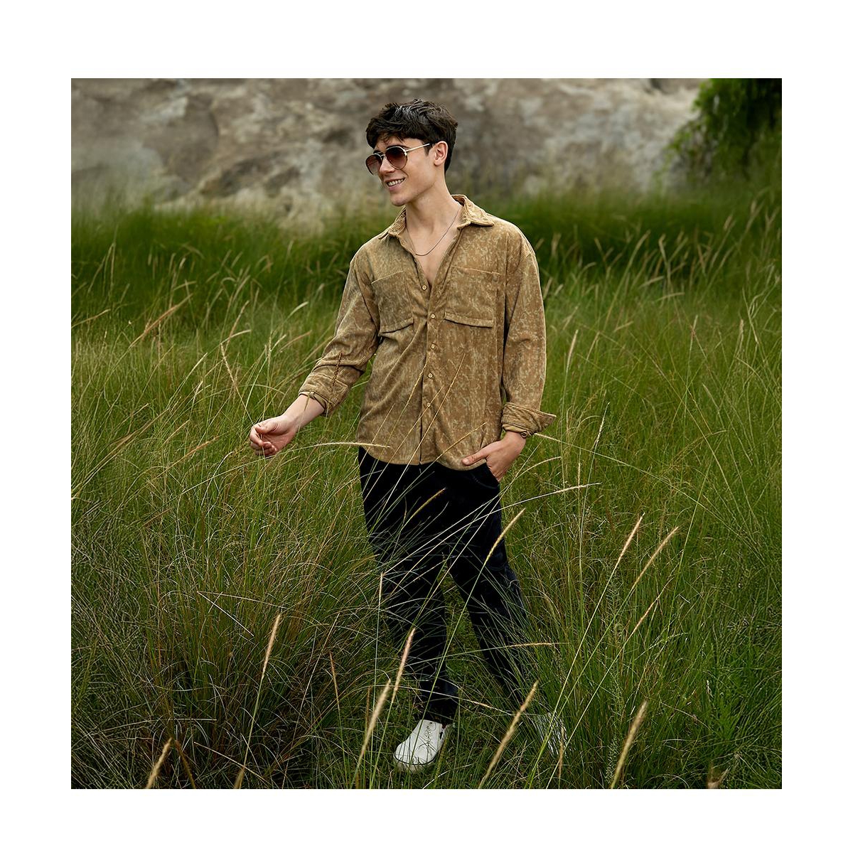 Campus Sutra Men's Olive Green Faded Corduroy Oversized Shirt