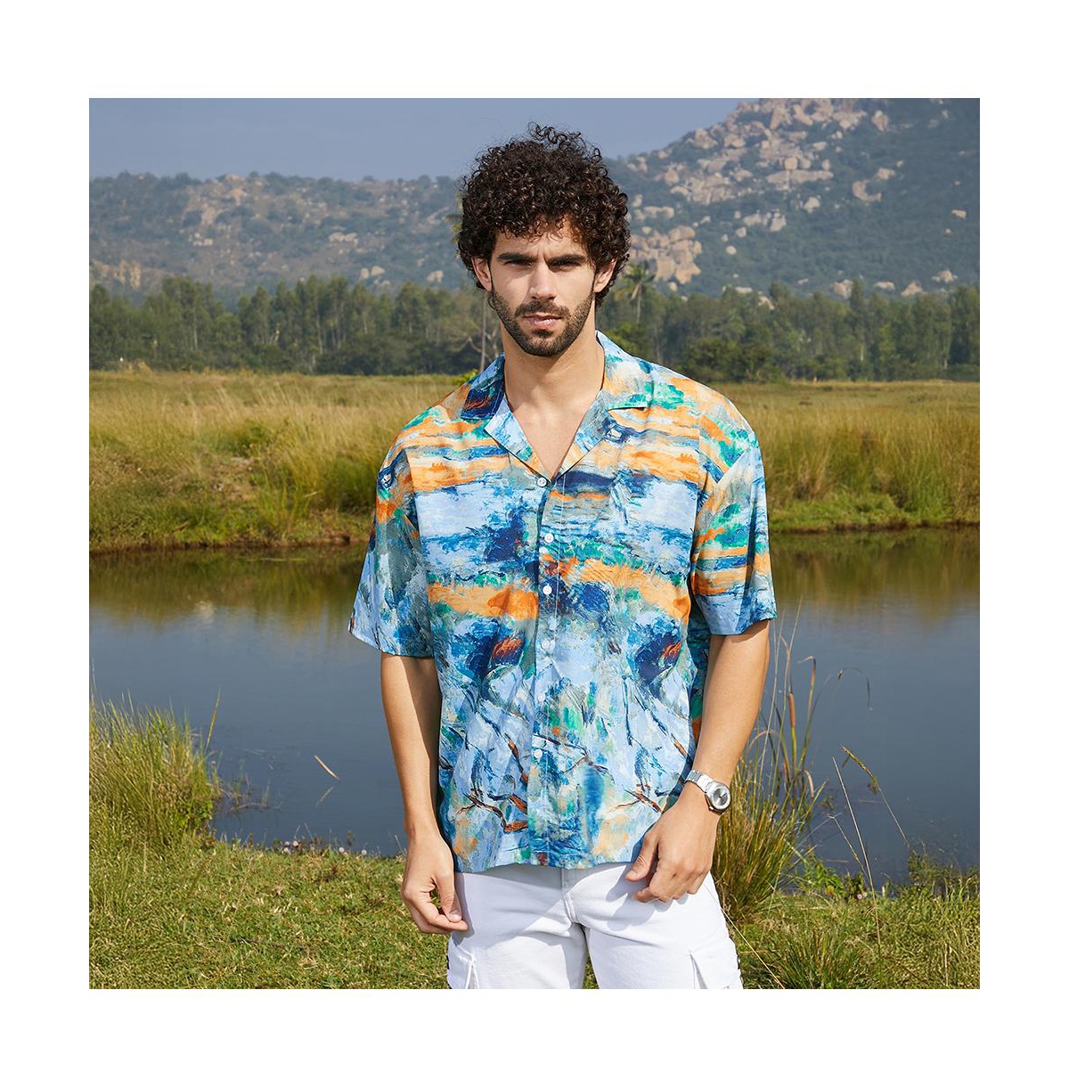 Campus Sutra Men's Sky Blue & Pumkin Orange Indie-Block Oversized Shirt