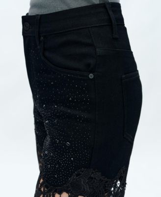 Plus Size High-Rise Embroidered Lace Rhinestone Wide-Leg Jeans