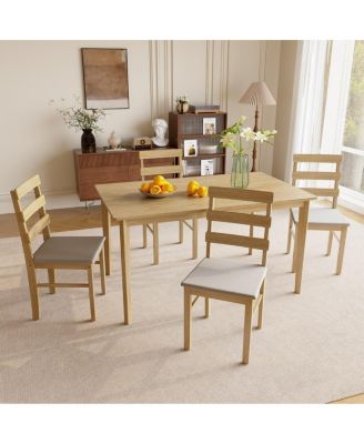 5-Piece Solid Wood Dining Table Set with 4 Upholstered Chairs, Natural Finish Kitchen Table and Chair Set for Dining Room