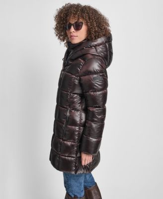 Women's Bibbed Shawl-Collar Packable Shine Puffer Coat
