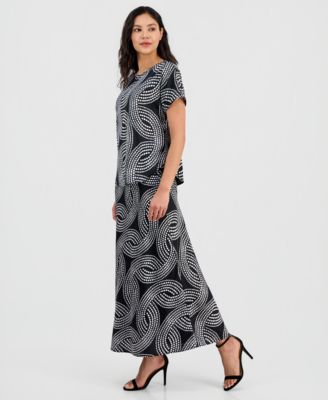 Women's Printed Bateau-Neck Short-Sleeve Top & Flared Pull-On Skirt