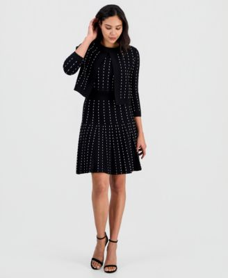 Women's Pinstripe Pleated Sweater Dress & Pinstripe Open-Front 3/4-Sleeve Cardigan