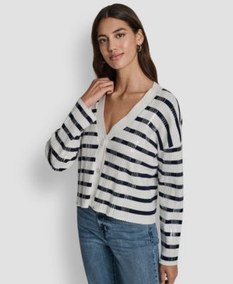 Women's Striped Sequin & Stripe V-Neck Boxy Cropped Long-Sleeve Cardigan Sweater