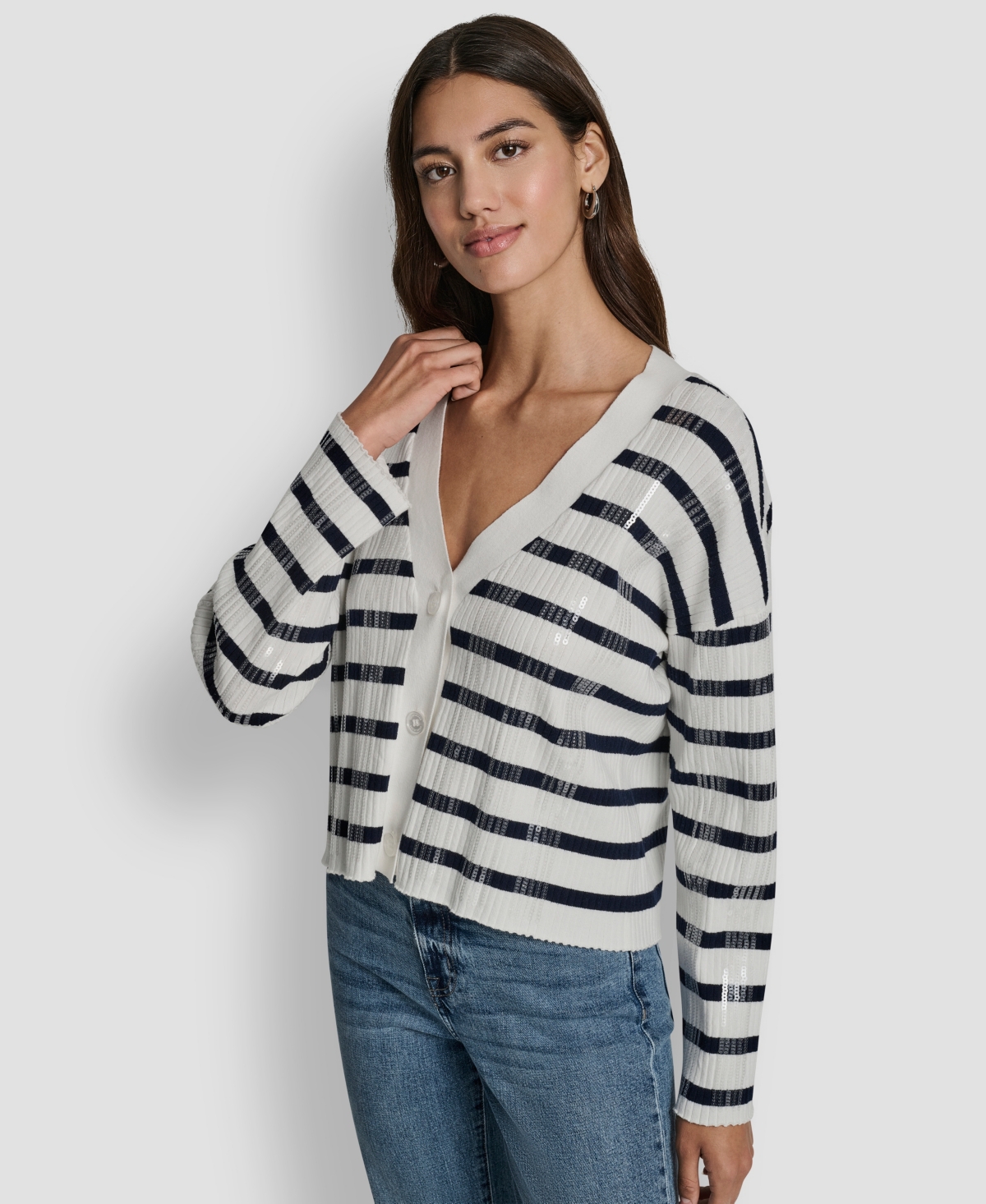 Dkny Jeans Women's Striped Cropped Long-sleeve Cardigan Sweater In Multi