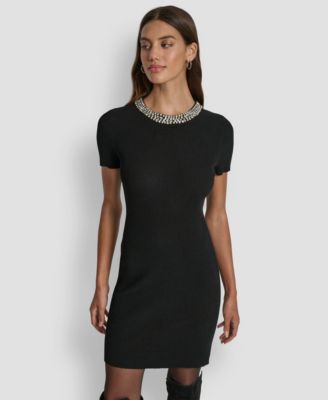 Women's Short-Sleeve Embellished Neck Short Dress