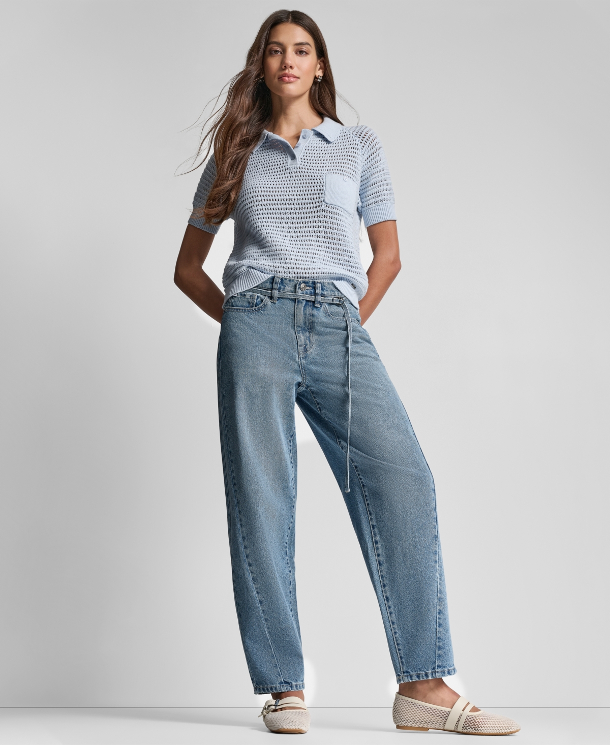 Dkny Jeans Women's Short-sleeve Polo Collar Faux Crochet Stitch Sweater In Blue