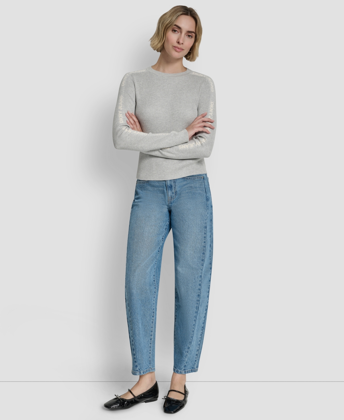 Dkny Jeans Women's Long-sleeve Logo Trim Crewneck Sweater In Gray