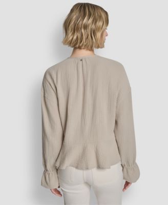 Women's Long-Sleeve Double Crepe Gauze Tie Neck Crop Top