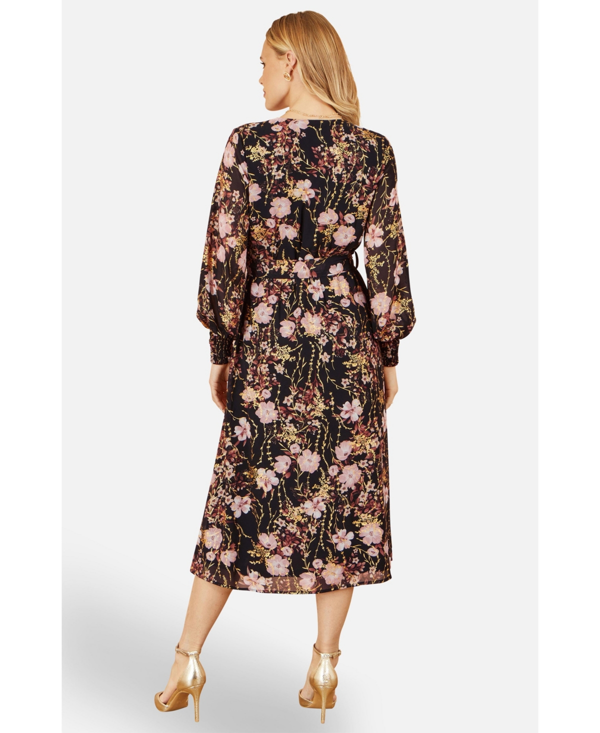 Yumi Women's Foiled Floral Print Wrap Midi Dress