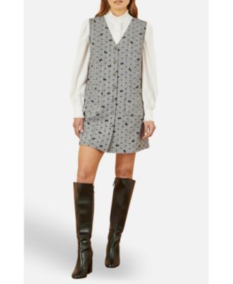 Women's Bow Print Button Up Pinafore Dress