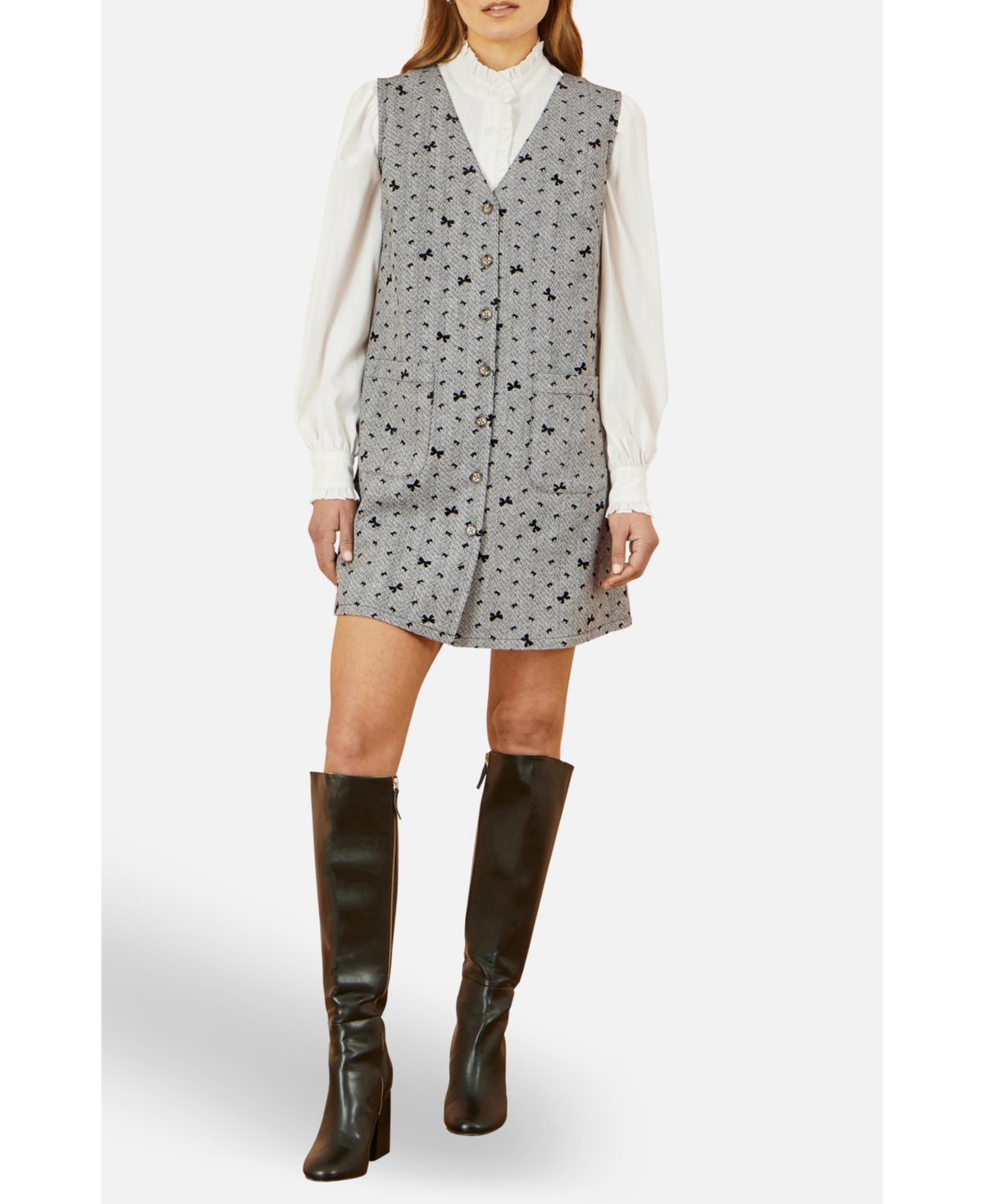 Yumi Women's Bow Print Button Up Pinafore Dress