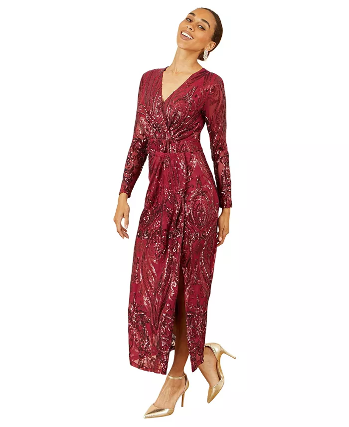 Women's Sequin Midi Long Sleeve Wrap Dress - thumbnail 3