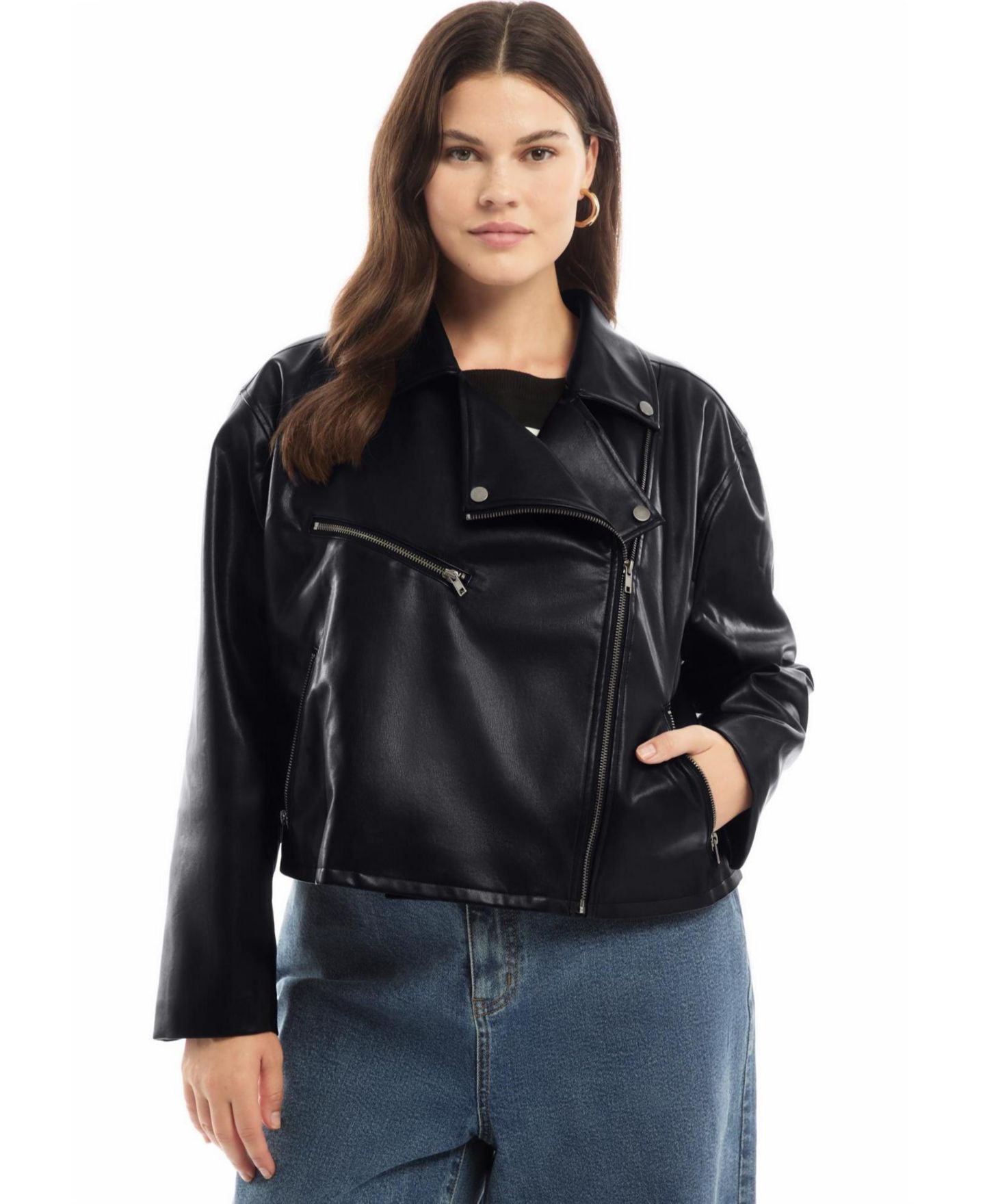 Женская куртка June & Vie Cropped Faux Leather Moto, цвет: Чёрный оникс — фото 3