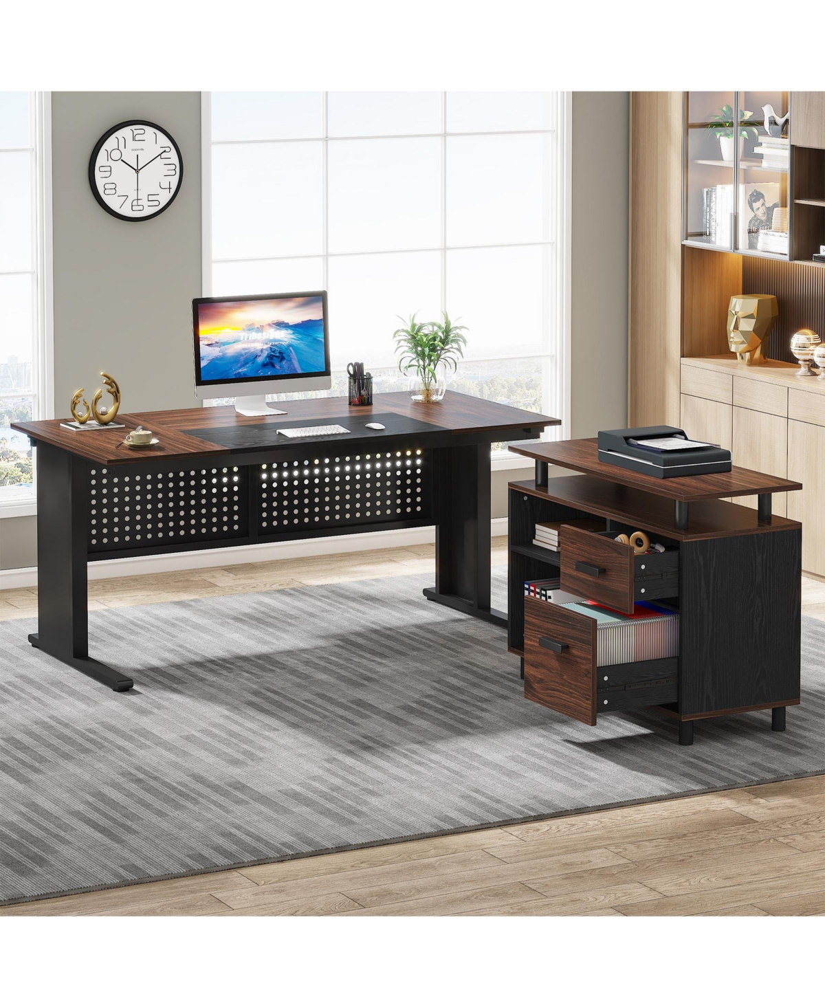 Tribesigns 63 Inch Executive Desk with File Cabinet, Large Office Desk L Shaped Computer Desk