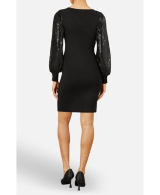 Women's Knitted Fitted Dress With Sequin Sleeves