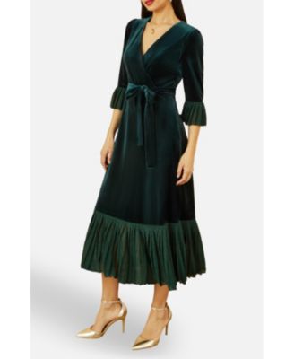 Women's Velvet Wrap V-Neck Midi Dress