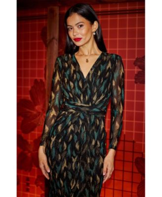 Women's Metallic Sparkle Mesh Wrap Midi Dress