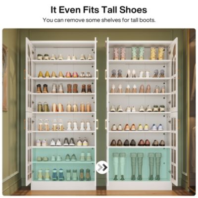 68.94" Tall Shoe Cabinet with Doors and Led Lights, 8-Tier Wooden Shoe Rack Organizer with Adjustable Shelves