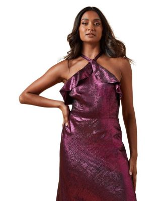 Women's Foil Halterneck Ruffle Foil Midaxi Dress