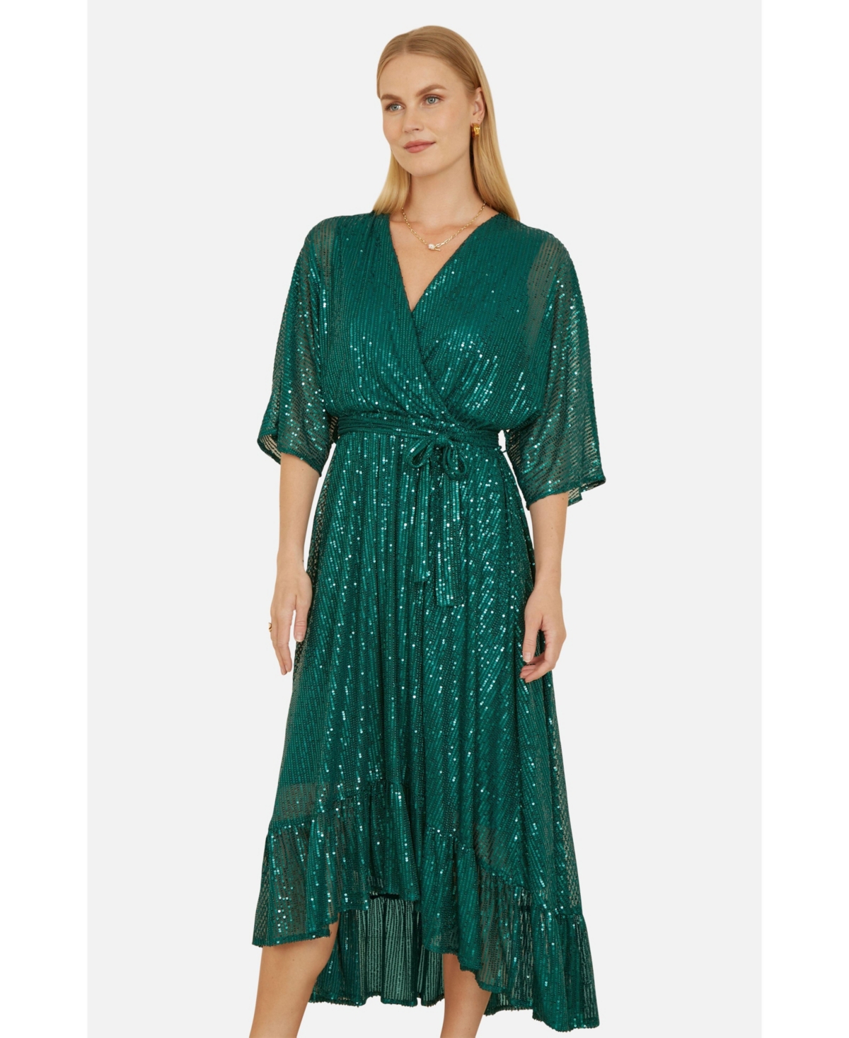 Yumi Women's Sequin Kimono Midi Wrap Dress