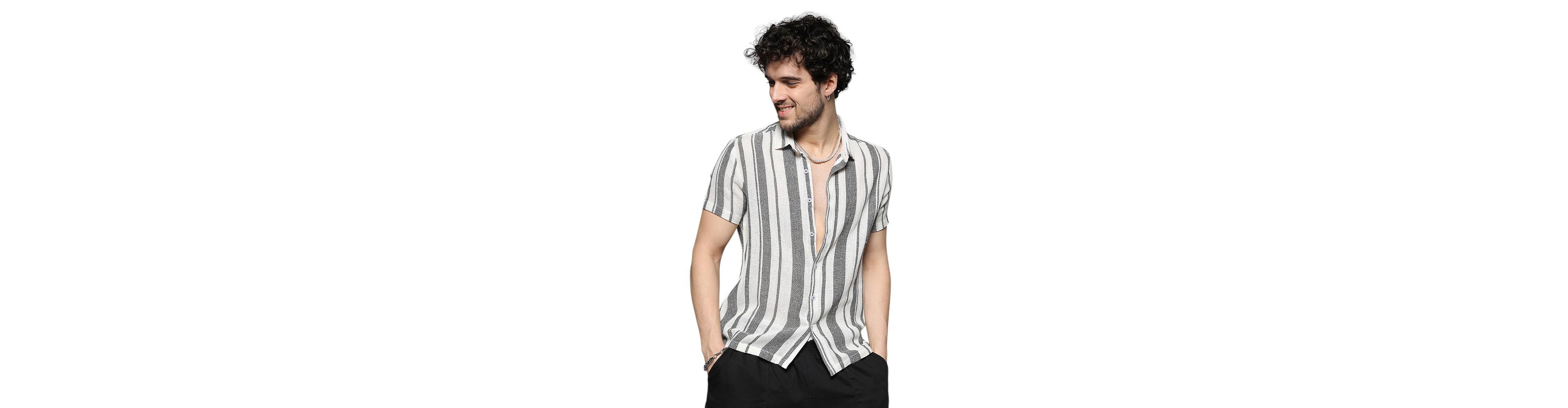 Cahoot Men's Campus Sutra White & Grey Unbalanced Striped Woven Shirt
