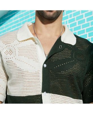 Men's Emerald Green & Cream White Block Open-Knit Polo Shirt