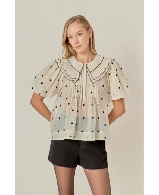 Women's Scalloped Collar Sheer Polka Dot Blouse