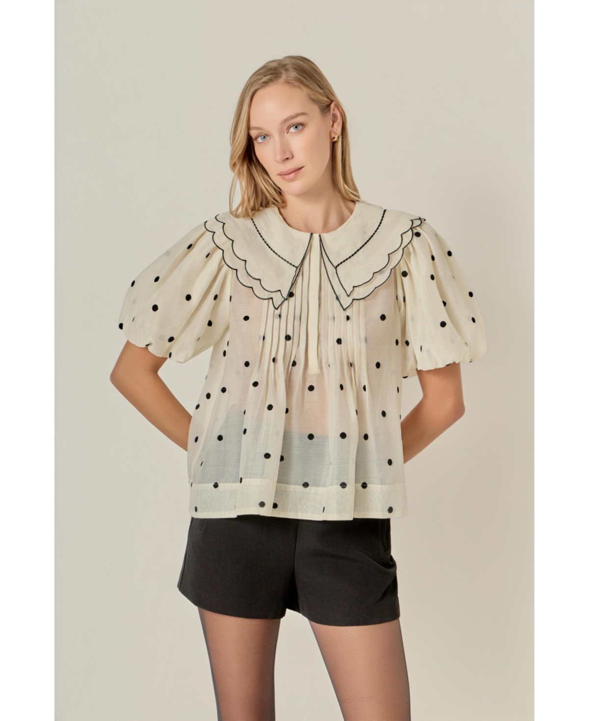 English Factory Women's Scalloped Collar Sheer Polka Dot Blouse