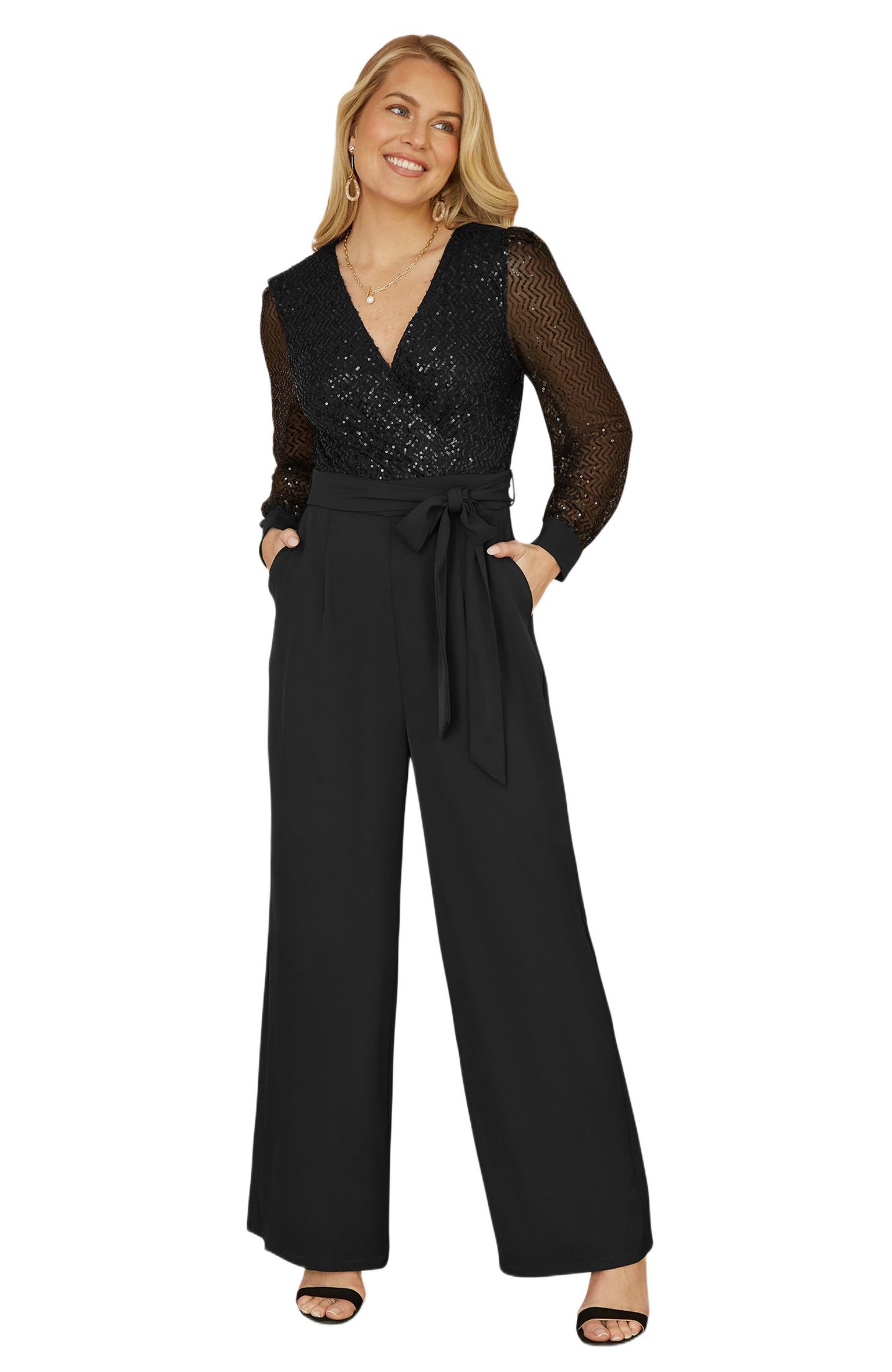 Женский комбинезон Yumi Sequin Wrap Over Jumpsuit, цвет: Чёрный — фото 1