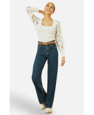 Women's Ribbed Knitted Lace Sleeve Top