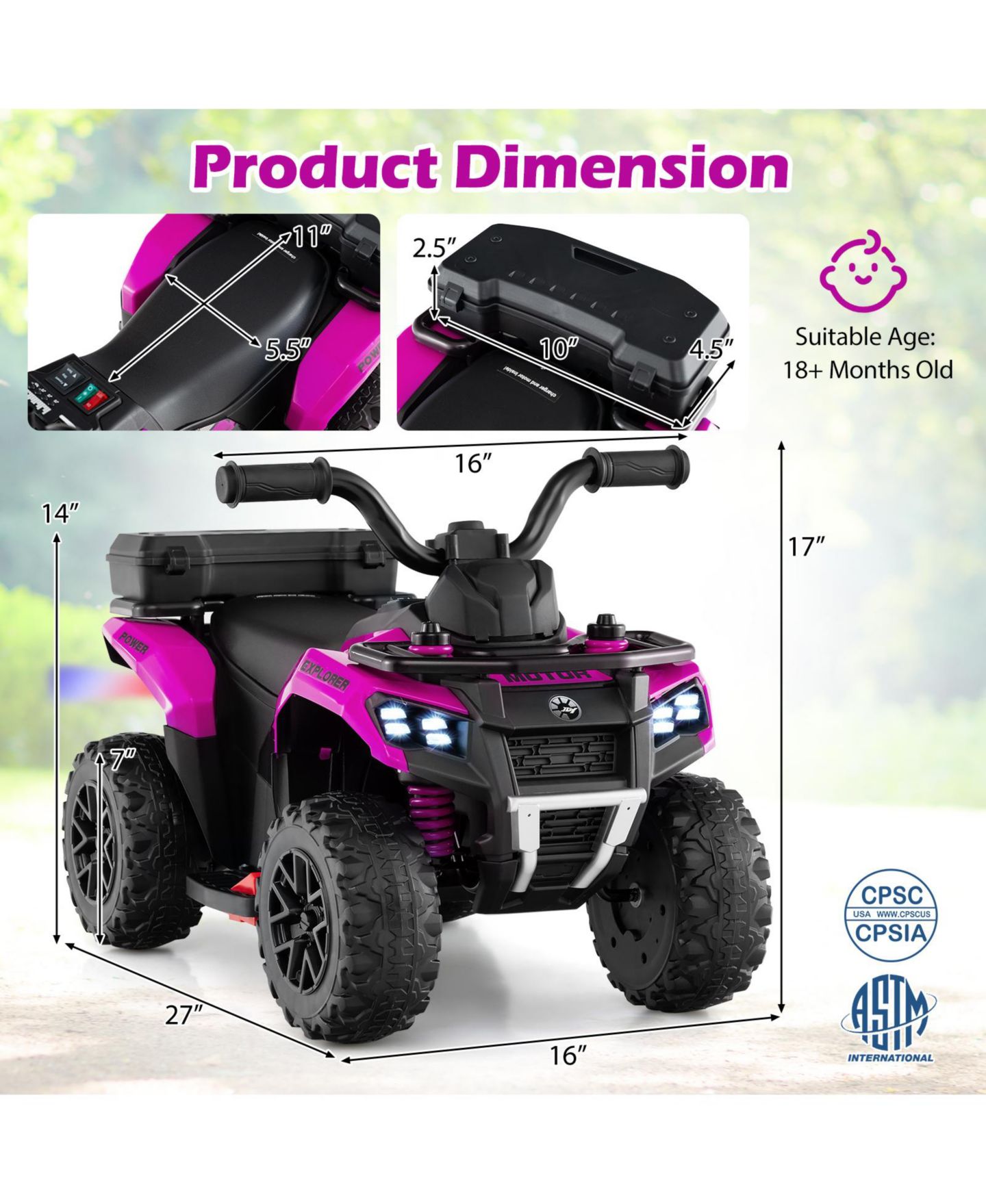 Детская игрушка SUGIFT 6V Kids Ride On ATV with Music & Water Spray, Ages 3+, цвет: Яркий фиолетовый — фото 3