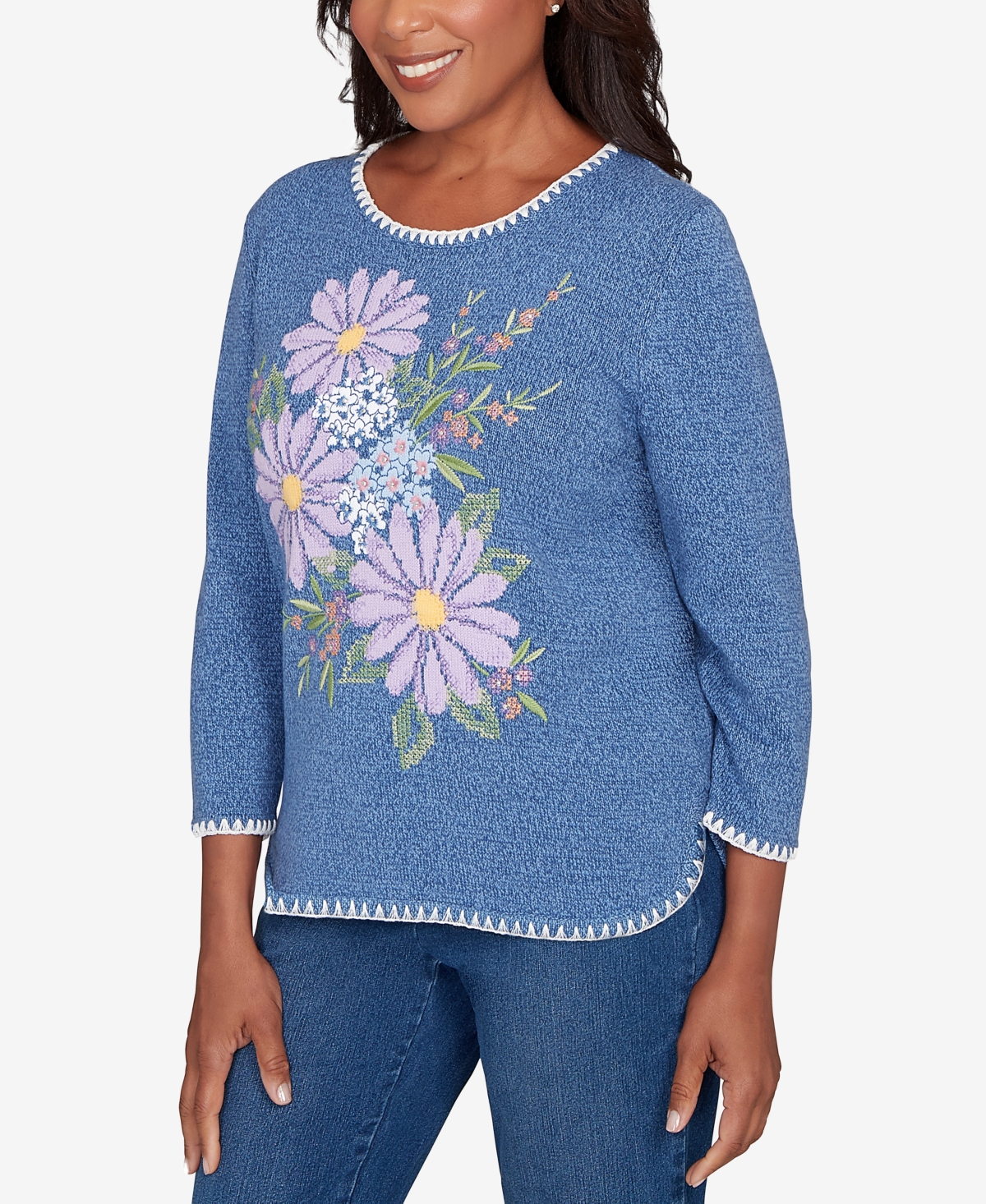 Alfred Dunner Petite Hilton Head Cross-Stitched Floral Pull-On Sweater